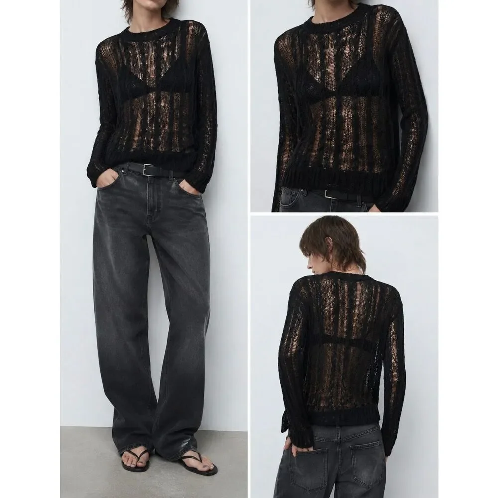 NWT Zara Open Knit Sweater XS/S Black Sheer Boho Grunge Pullover